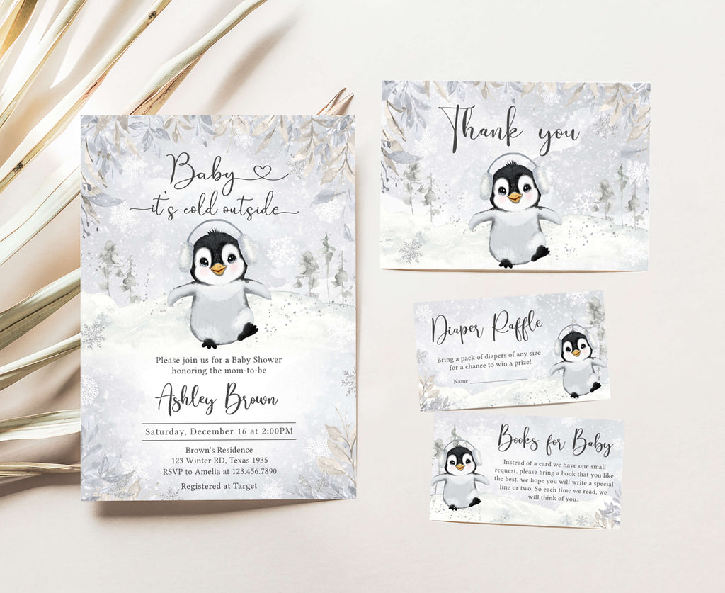 Winter Penguin Baby Shower Invitation Set