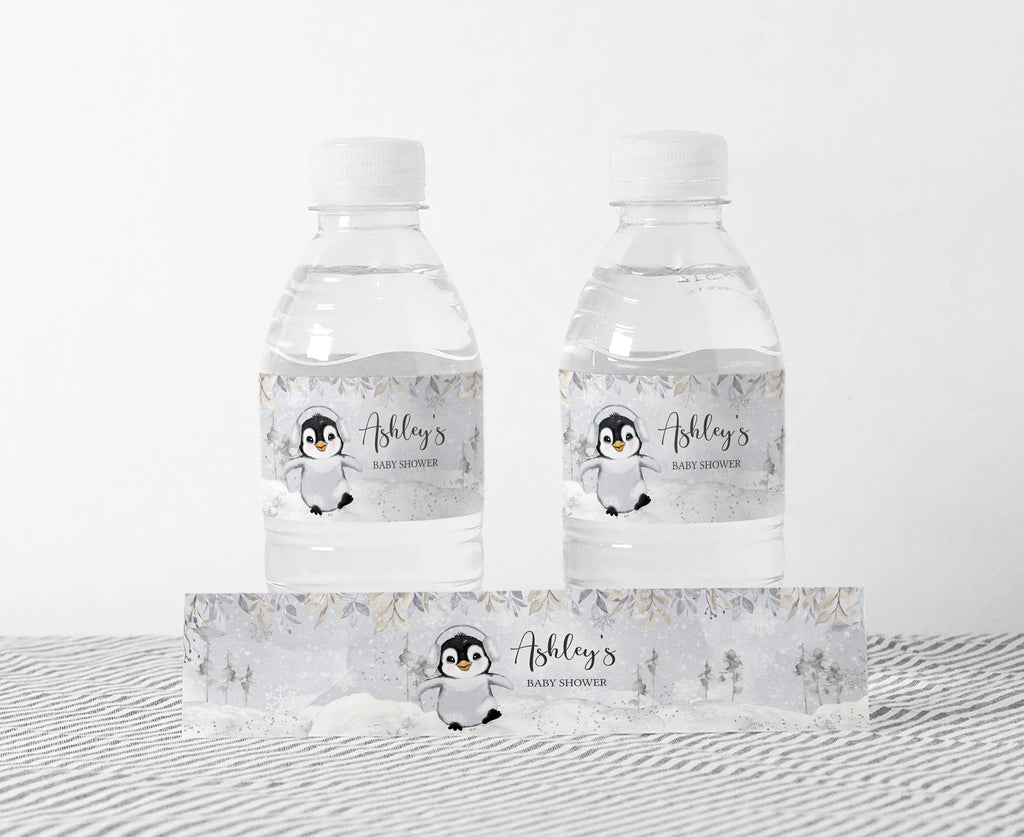 Winter Penguin Baby Shower Bottle Label