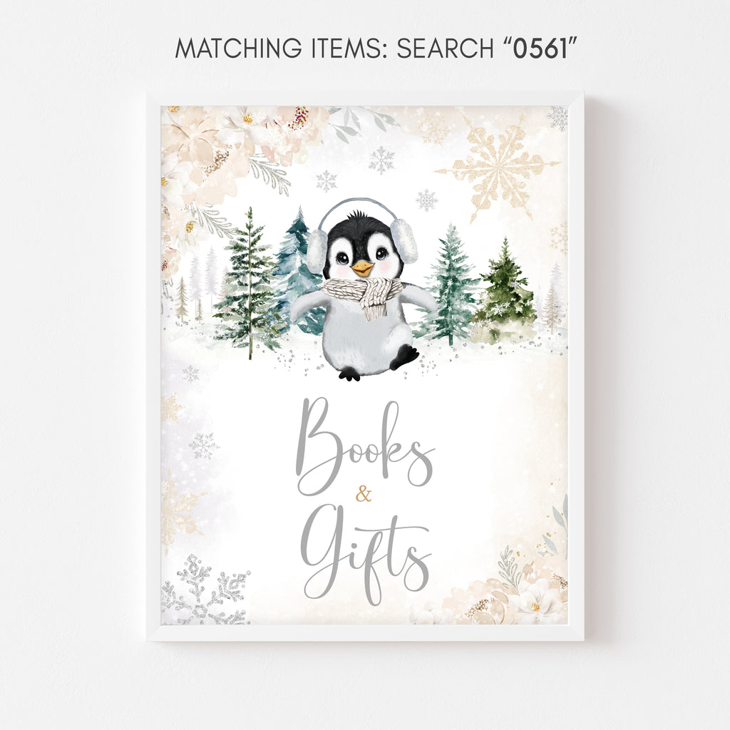 Floral Winter Penguin Baby Shower Books and Gifts Sign