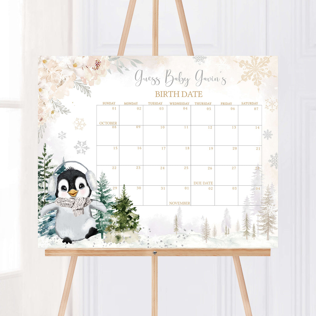 Floral Winter Penguin Baby Shower Due Date Calendar