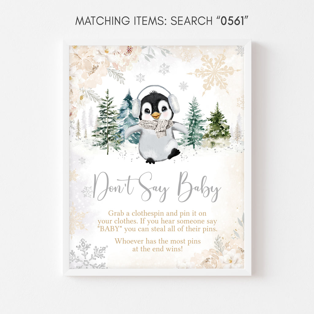 Floral Winter Penguin Baby Shower Don't Say Baby Sign