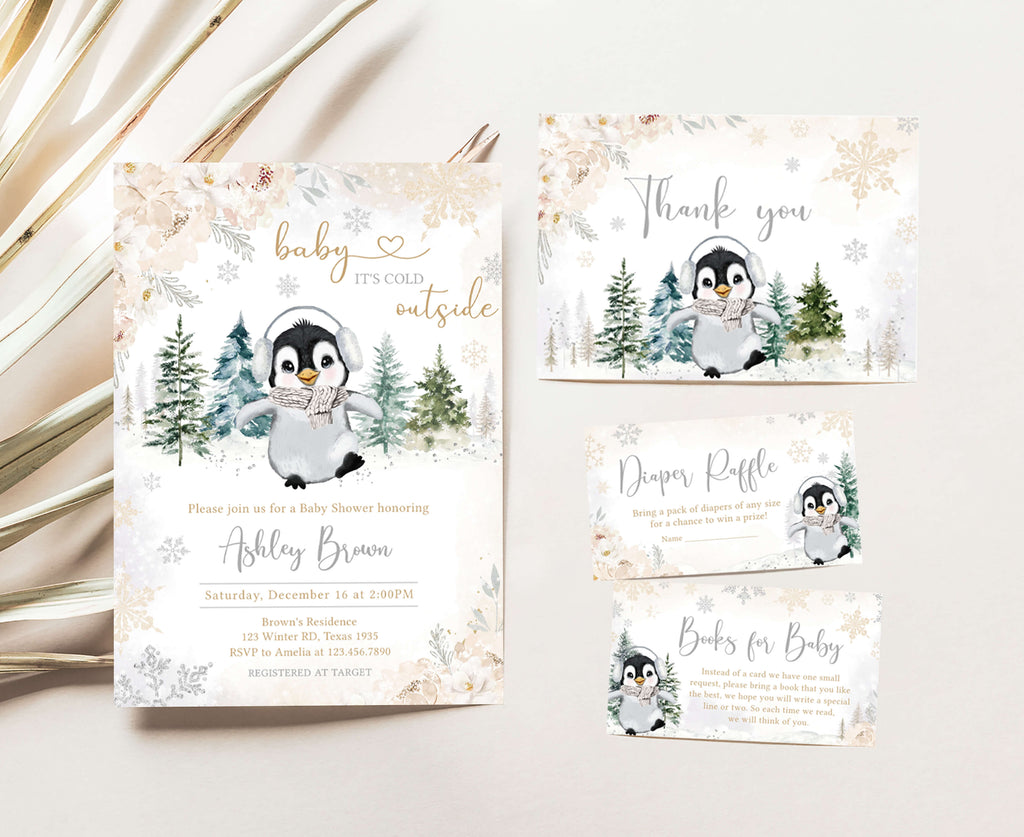 Floral Winter Penguin Baby Shower Invitation Set