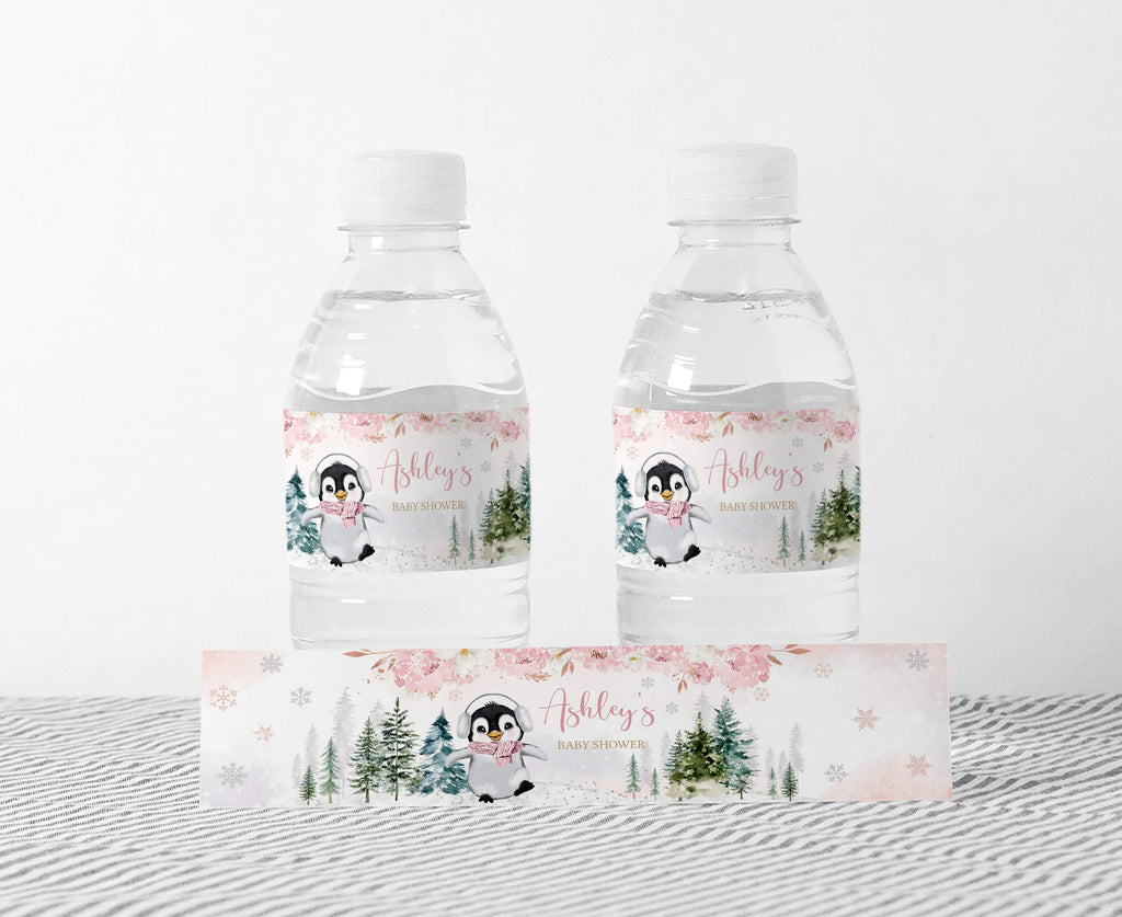 Girl Winter Penguin Baby Shower Bottle Label