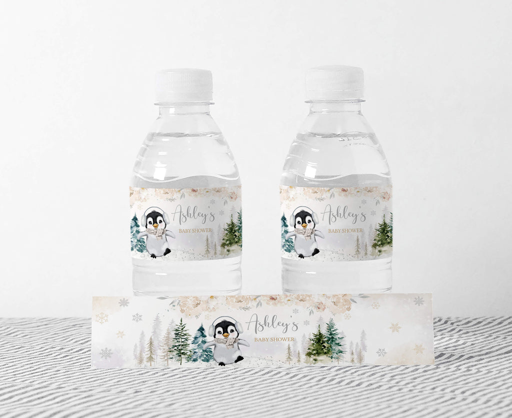 Floral Winter Penguin Baby Shower Bottle Label