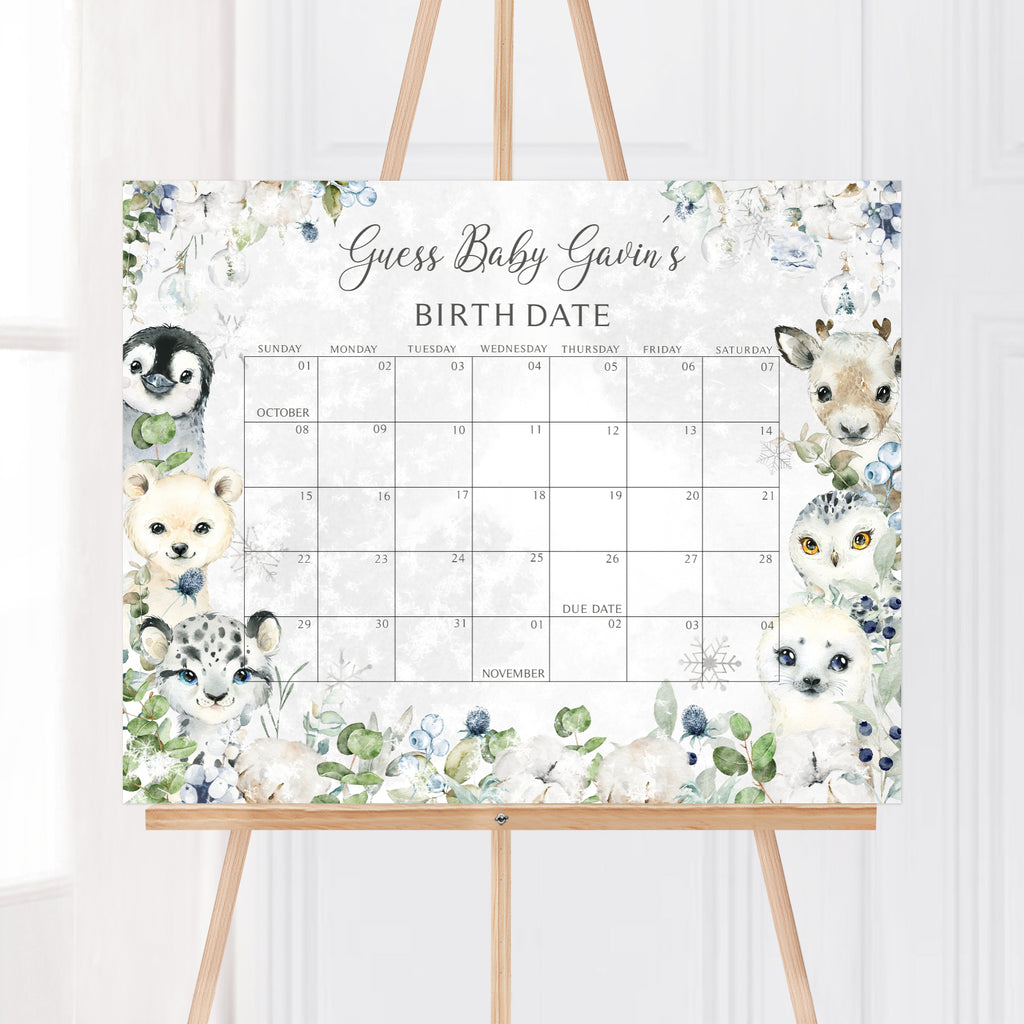 Winter Arctic Animals Baby Shower Due Date Calendar