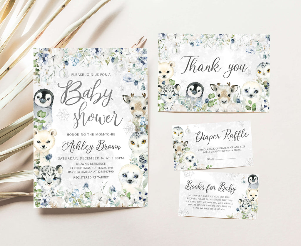 Winter Arctic Animals Baby Shower Invitation Set