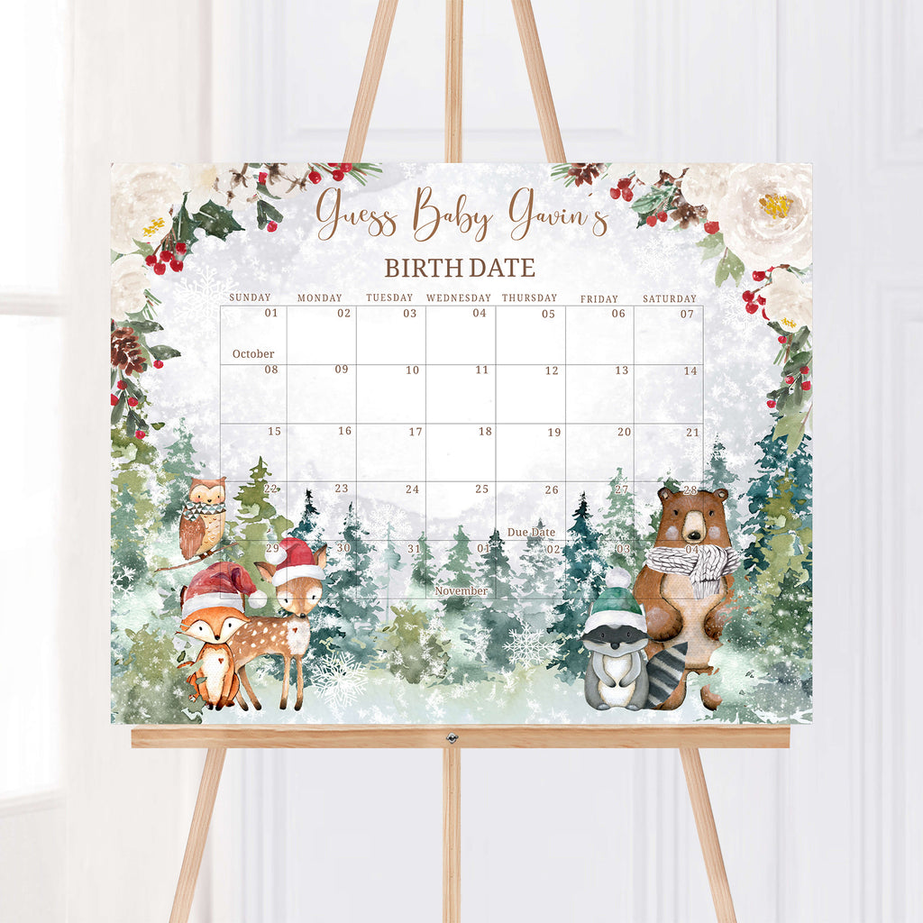 Floral Winter Woodland Baby Shower Due Date Calendar