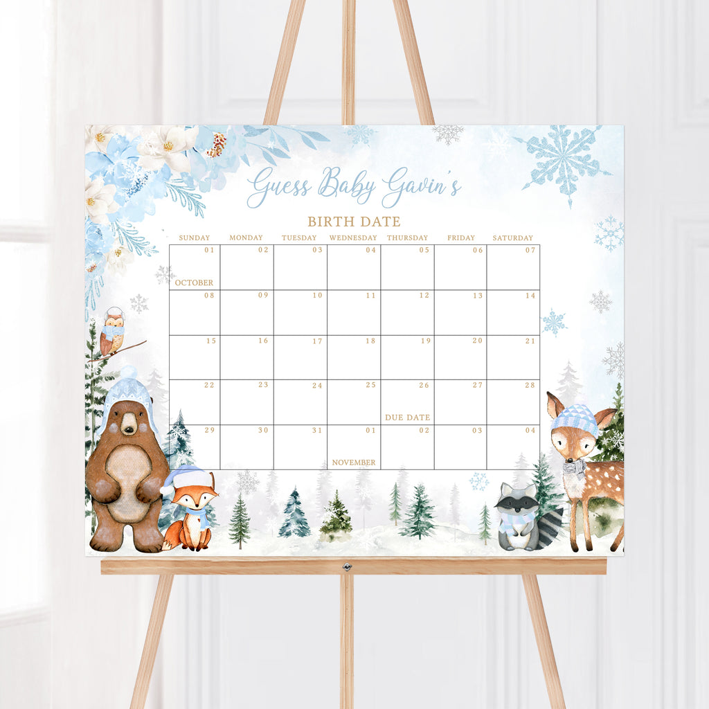 Boy Winter Woodland Baby Shower Due Date Calendar