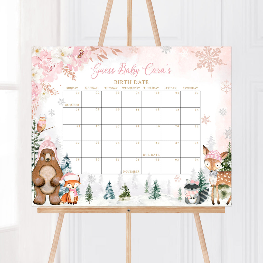 Girl Winter Woodland Baby Shower Due Date Calendar