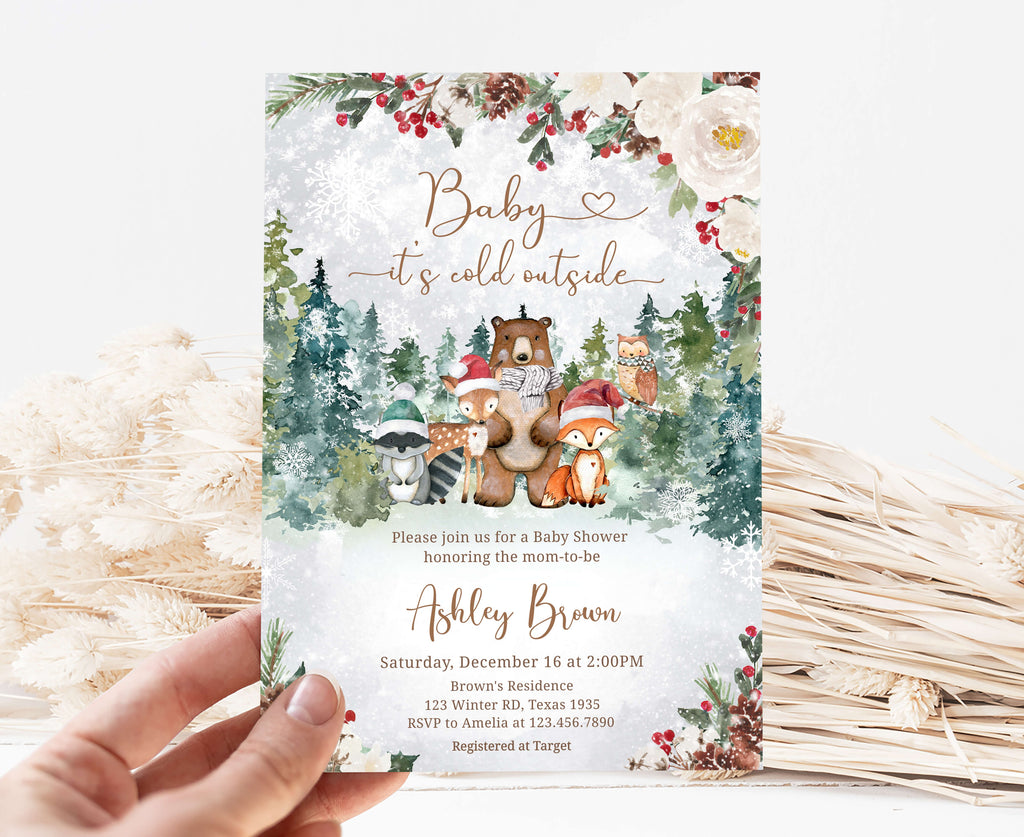 Floral Winter Woodland Baby Shower Invitation