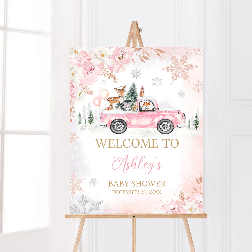 Pink Winter Woodland Baby Shower Welcome Sign