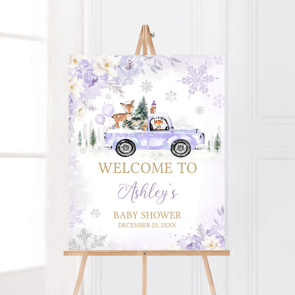 Purple Winter Woodland Baby Shower Welcome Sign