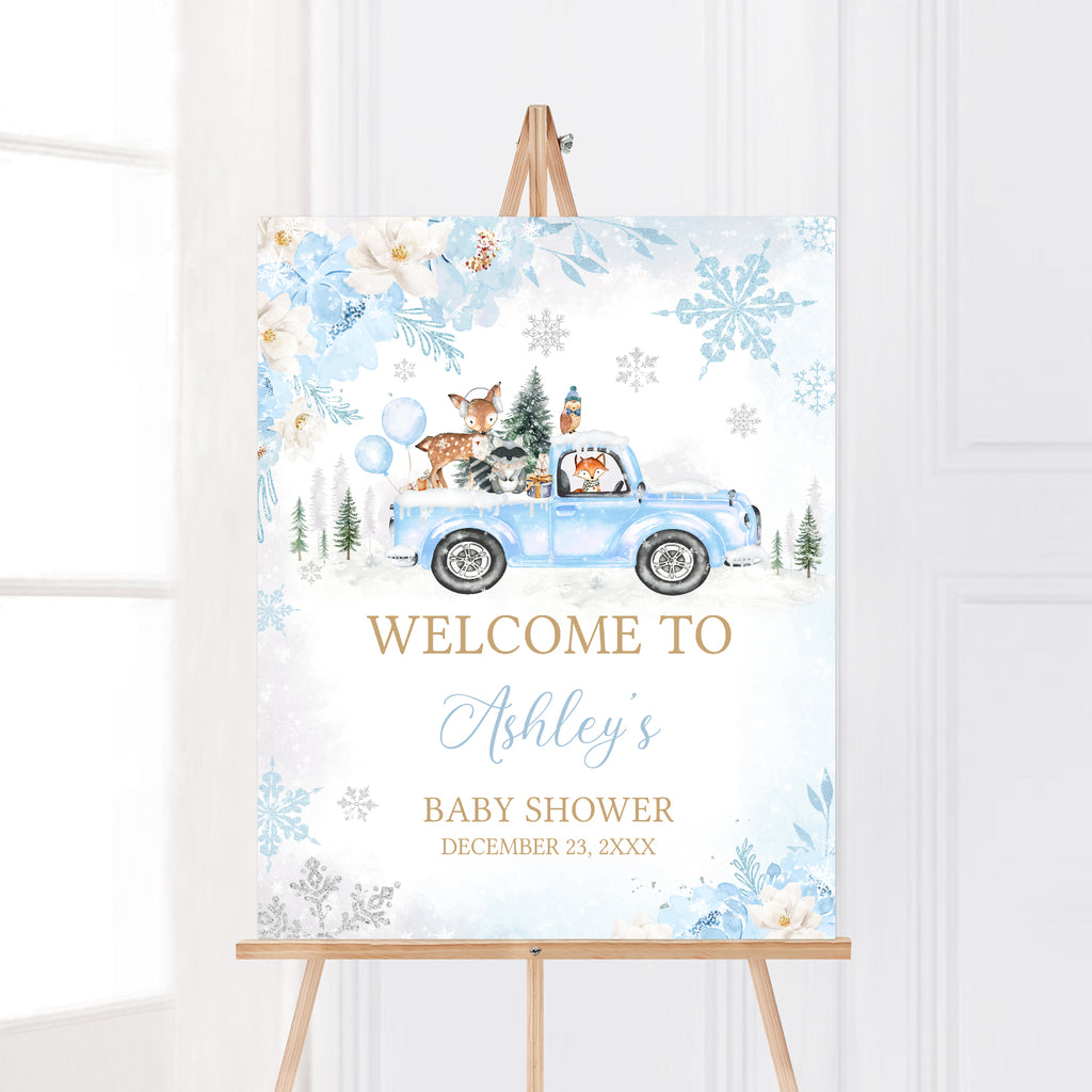 Blue Winter Woodland Baby Shower Welcome Sign