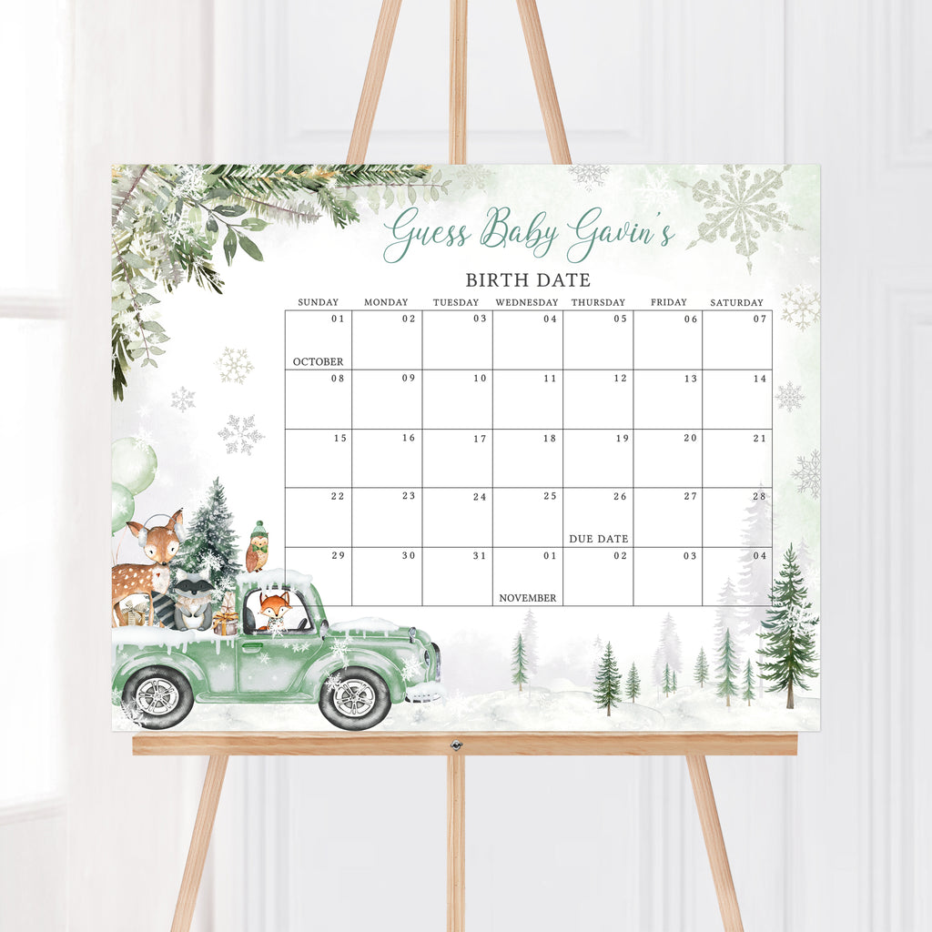 Winter Woodland Sage Green Truck Baby Shower Due Date Calendar