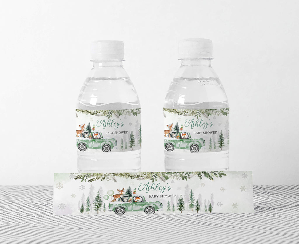 Winter Woodland Sage Green Truck Baby Shower Bottle Label