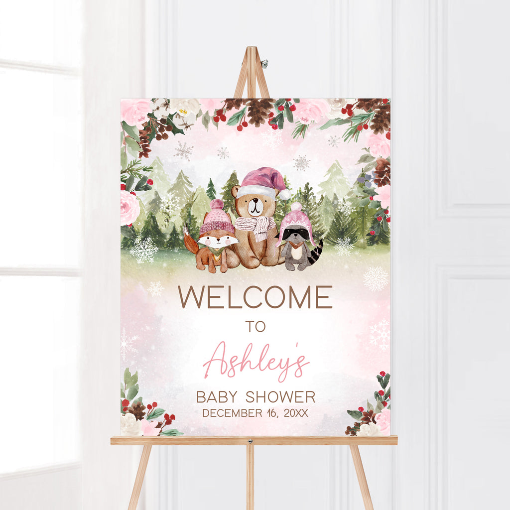 Pink Floral Winter Woodland Baby Shower Welcome Sign