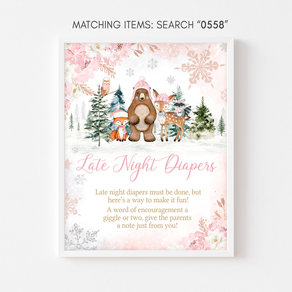 Girl Winter Woodland Baby Shower Late Night Diapers Sign