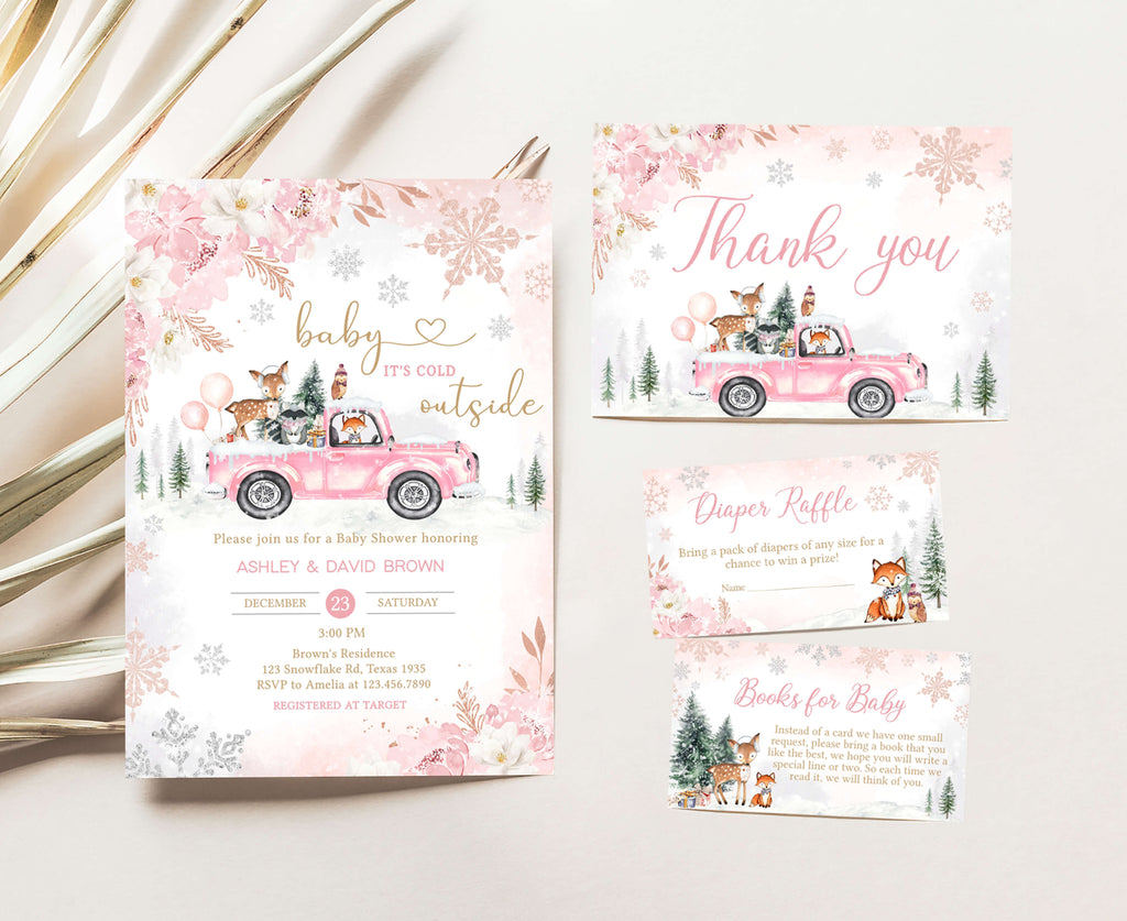 Pink Winter Woodland Baby Shower Invitation Set